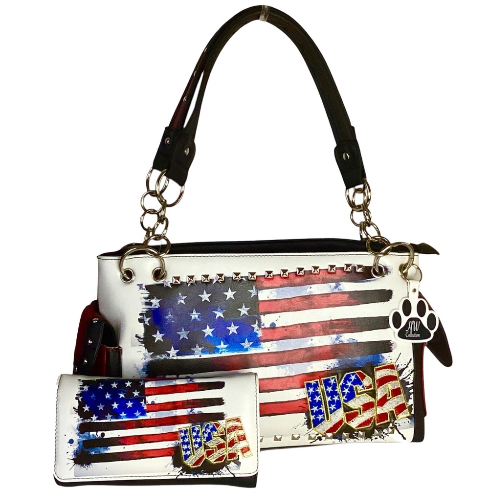 USA American Flag Purse and Wallet Set Patriotic Handbag Women Stars Stripes